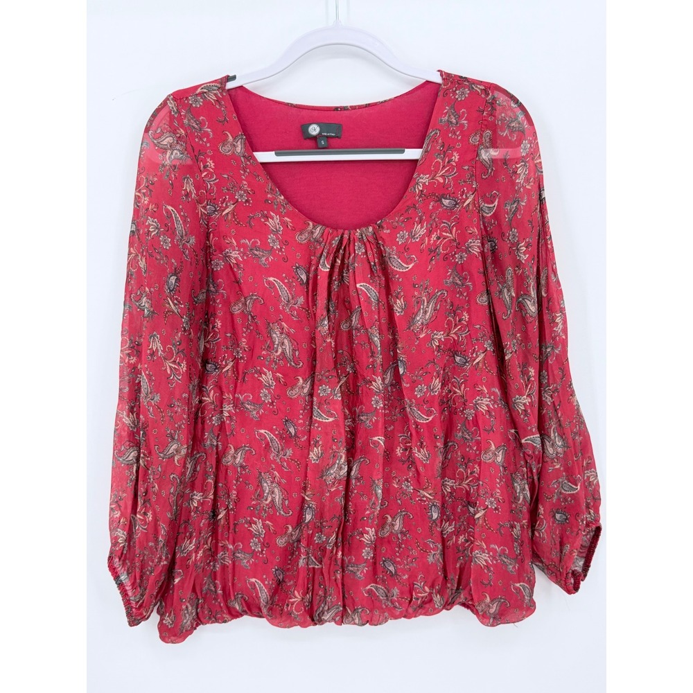 M Made in Italy‎ Blouse Womens Small Red Paisley Silk Blend Long Sleeve Top
